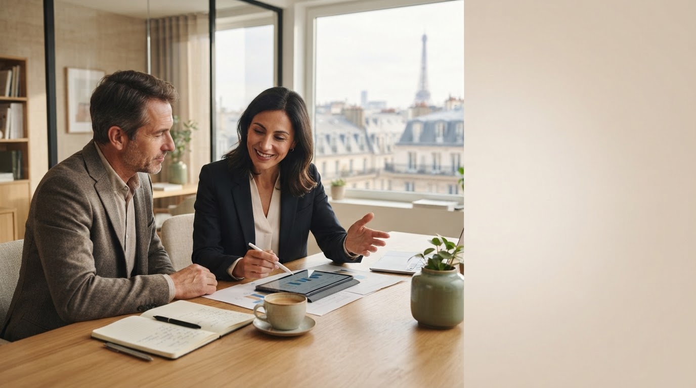 Bureau épuré avec une tablette affichant l'interface d'analyse de Orvyqelle Thandrimos